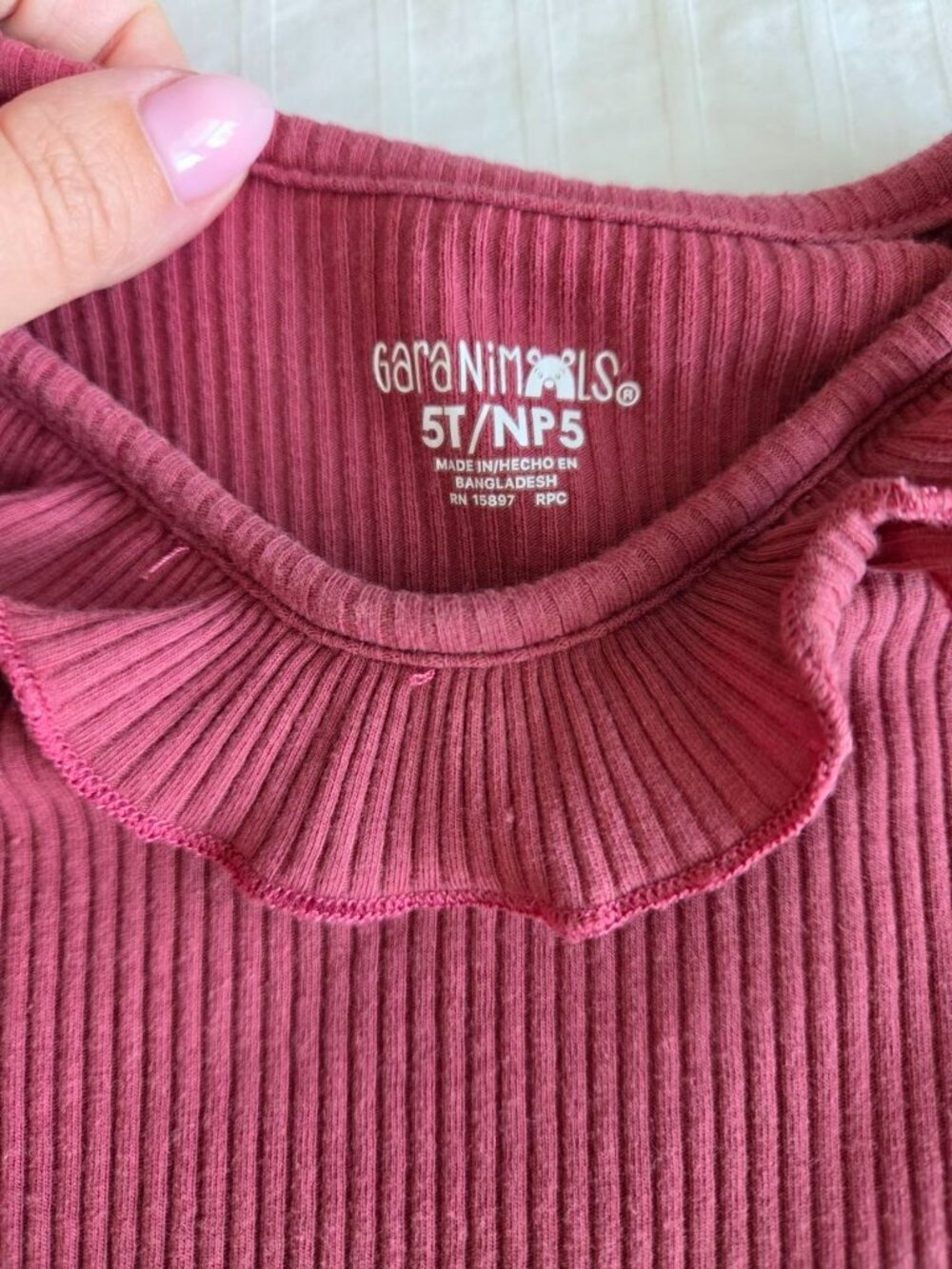 Garanimals Girls Ribbed Long Sleeve Ruffle Top Burgundy Size 5T Stretch Cotton - Picture 4 of 7